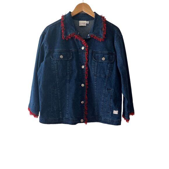 Vintage 90s Beverly's Red Fringe Denim Jacket Size Large - Picture 1 of 5